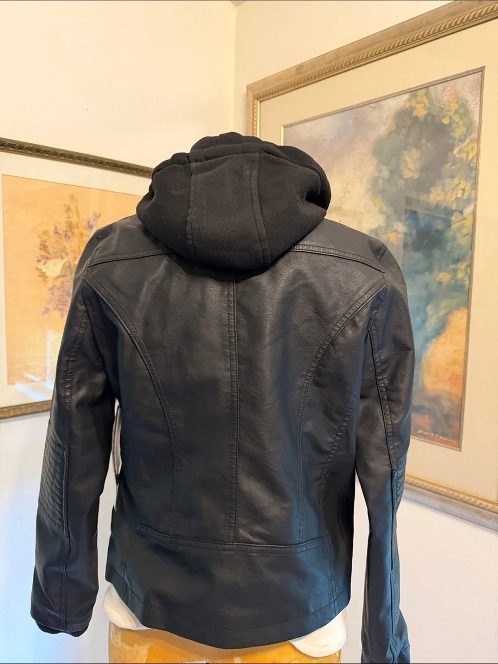 NWT Novish Collection Black Faux Leather Zip Jacket with Hoodie Layer Size MP